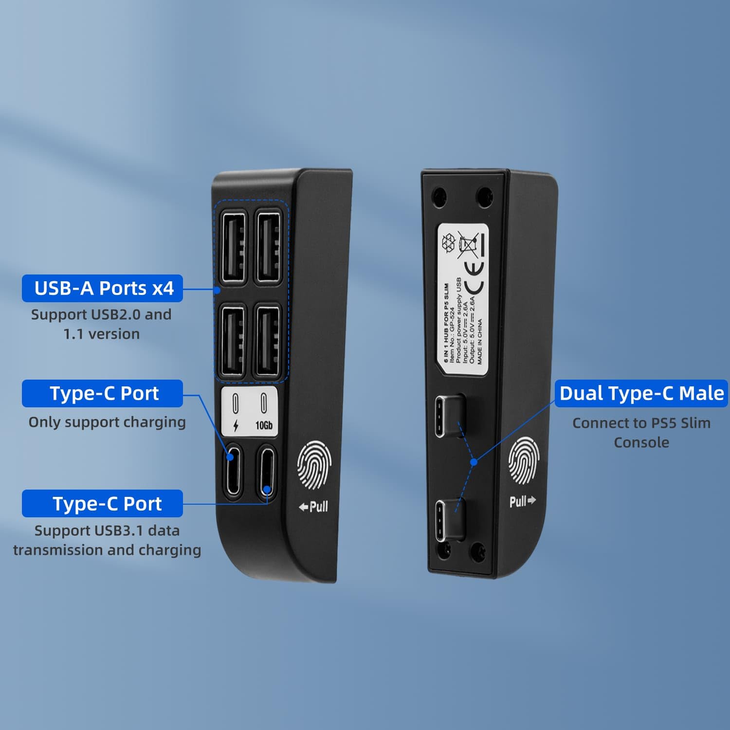 Hub USB per PS5 Slim, 6 in 1 Adattatore di Espansione Delle Porte USB con 4 * USB A e 2 * Tipo C per la Ricarica e L'espansione ad Alta Velocità Compatibile con PS5 Slim Disc/Digital- Nero