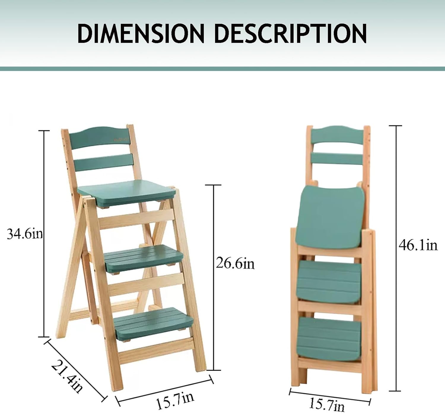 Folding Bar Stool, 3 Step Multifunction Portable Adults Solid Wood Ladder Stool for Household Kitchen, Bathroom Storage Shelf, Green