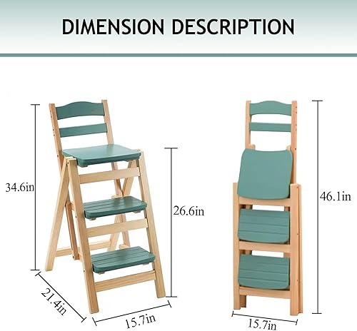 Miniatura 4 de Taburete de bar plegable, 3 escalones multifunción portátil para adultos, taburete de escalera de madera maciza para cocina doméstica, estante de