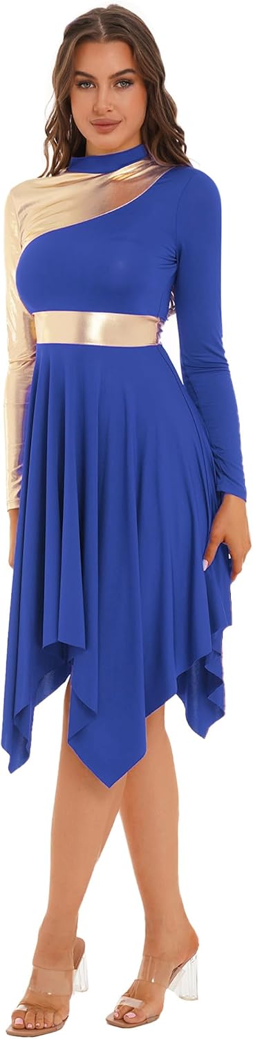 Vxuxlje Womens Liturgical Praise Dance Outfist Metallic Trim Long Sleeve Dress with Wide-Leg Pants