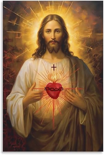 Reccmeny Lienzo religioso del Sagrado Corazón de Jesús, cuadro de Cristo, arte de pared, pintura de Dios cristiano, foto para decoración de la sala