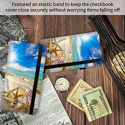 Image of FUYOCWE Leather Checkbook Covers for Men Women Check Book Holder Cover Wallets for Personal Checkbook Duplicate Checks with RFID Blocking & Elastic Strap-Beautiful Beach Seashells