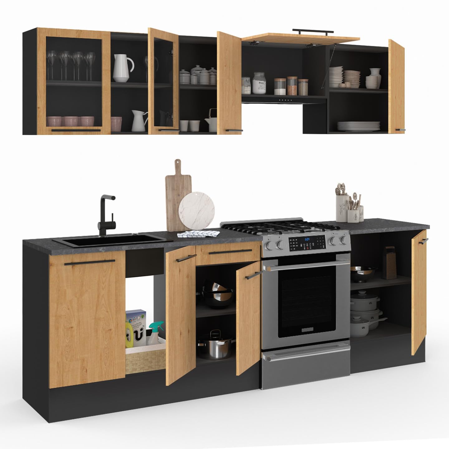 IDMarket - Cuisine complète 240 cm Subtil avec vitrine + Plan de Travail 7 éléments Noir et façon hêtre