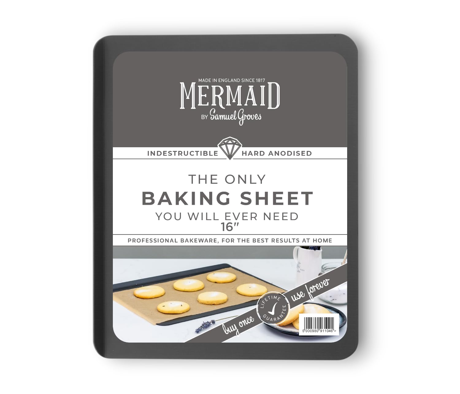 Mermaid 16" Hard Anodised Slide Off Baking Sheet (40 x 31cm) Heavy Duty Aluminium Cookie Sheet, Non-Warp Oven Cookie Tray, Non-Toxic Bakeware, Made by Samuel Groves (Est. 1817)