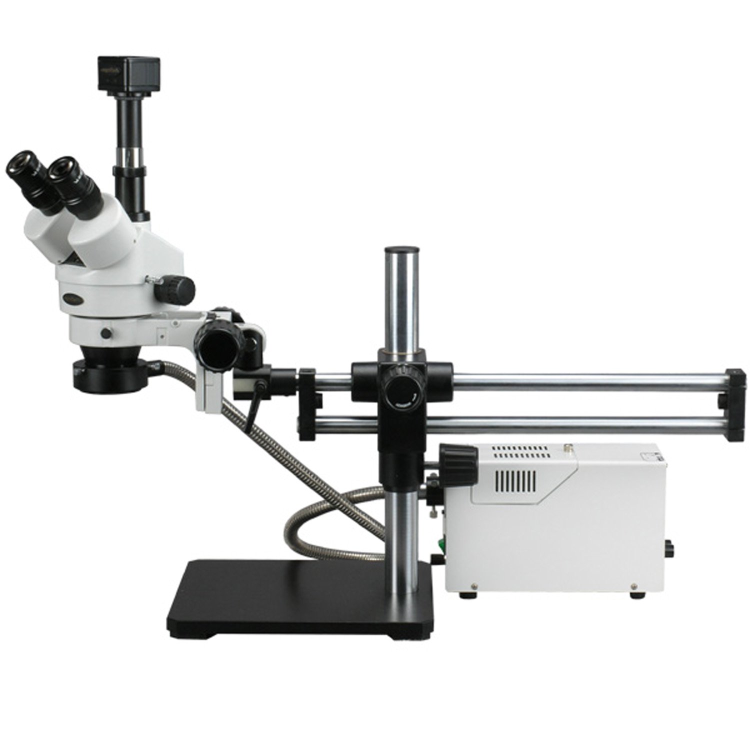 AmScope SM-5TZ-FOR-5M Digital Professional Trinocular Stereo Zoom Microscope, WH10x Eyepieces, 3.5X-90X Magnification, 0.7X-4.5X Zoom Objective, Fiber-Optic Ring Light, Ball-Bearing Double-Arm Boom Stand, 110V-120V, Includes 0.5X and 2.0X Barlow Lenses and 5MP Camera with Reduction Lens and Software
