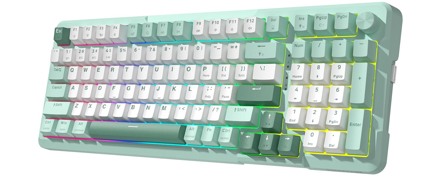Redragon K742 Bluetooth Wireless Mechanical Gaming Keyboard with Knob | BT5.0/2.4GHz/USB C Creamy Keyboard with Number Pad for PC Computer, RGB Backlits, Hot-Swappable with Linear Switches (Green)