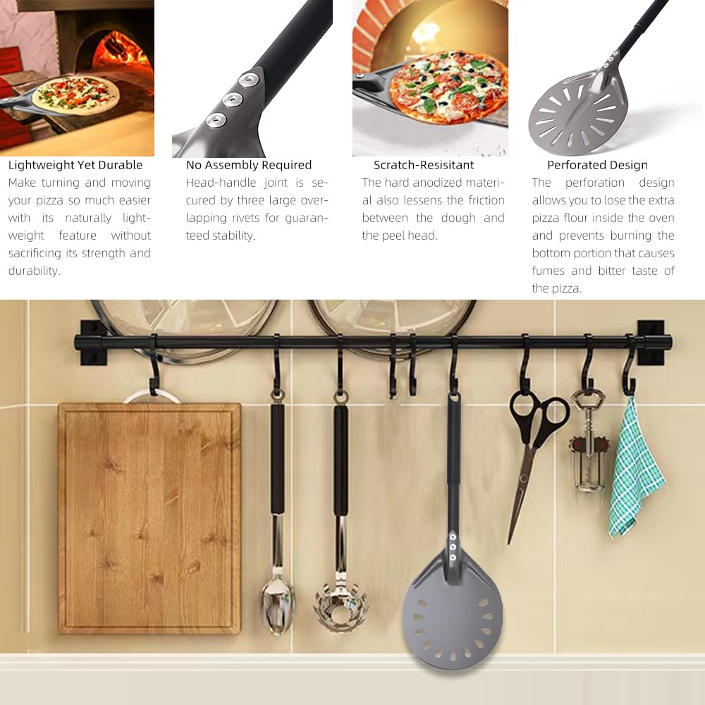 Pala per Pizza Pala for Pizza, 6 Pollici, Rotonda, in Alluminio, Perforata, con Manico in Metallo, Paletta for Pizza, Accessori for Pizza Pala Pizza Corta(6 inch 82cm)