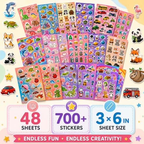 Image of Kids Sticker Pack - 48 Sheets, 700+ Colorful Stickers, 3x6 Inch Sheets, Fun Stickers for Kids, Arts & Crafts, School Projects, Rewards, Scrapbooking & Creative Activities