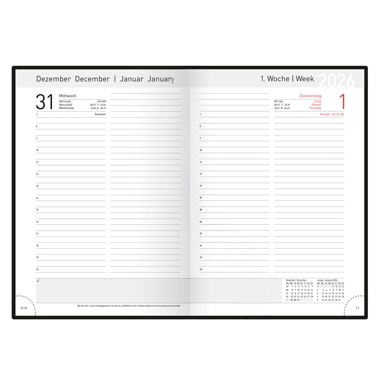 Agenda 2026 IDENA A5 - 1 Jour Par Page - Couverture Rigide Rembourrée Noire - Planification Annuelle Et Mensuelle