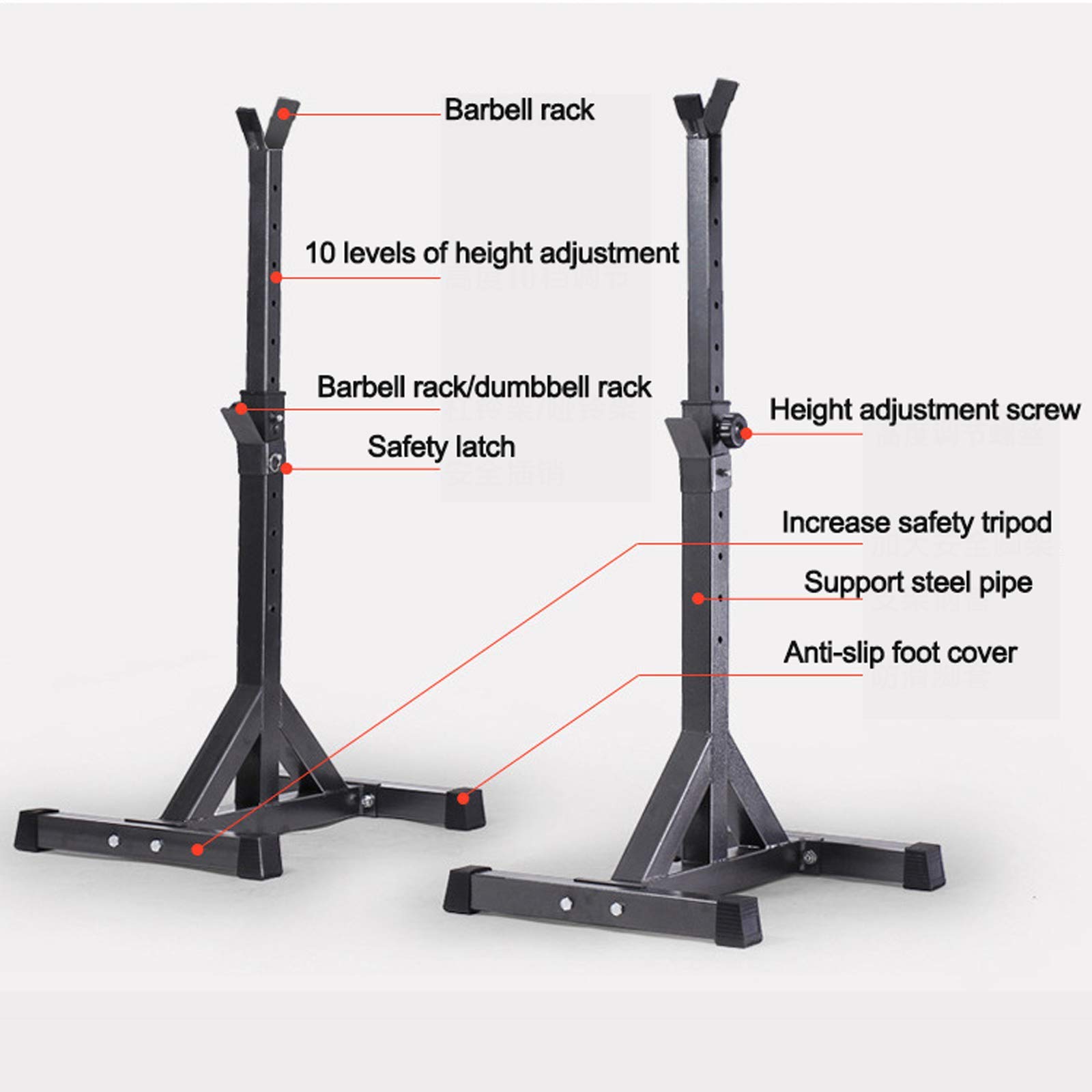 Rack per Squat, Rack per Squat Regolabile Multifunzionale e Resistente, 10 Altezze, 2 Supporti individuali, carico Massimo 250 kg, per Palestra Domestica