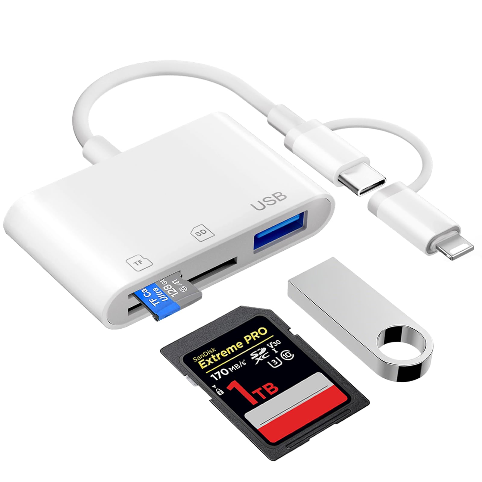 Denlane SD Card Reader for iPhone iPad Camera, Memory Card Reader USB C & Lightening Dual Interface, SD/Micro SD/TF Card Adapter USB to iPhone, Digital Camera Viewer for Type C Mac/Andriod, Plug &Play
