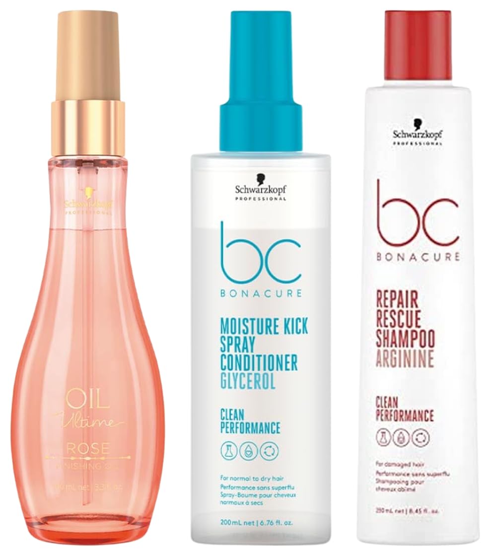 Schwarzkopf Professional Bonacure Repair Rescue Shampoo, Spray Conditioner & Ultime Rose Finishing Oil, 250 millilitres-picture-35
