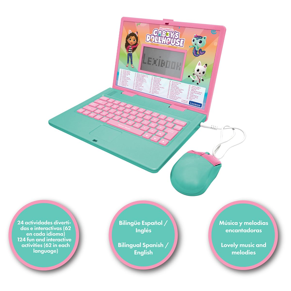 LEXIBOOK, Gabby JC598GDHi2LXB - Ordinateur éducatif bilingue Anglais/Espagnol, 124 activités linguistiques, écriture, mathématiques, logique, Musique et Jeux - Rose/Bleu