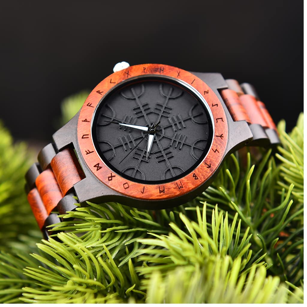 Relojes De Madera Vegvisir, Hombres Vikingos Joyería, Mito Nórdico Vintage Runas Círculo, Brújula Reloj de Madera, Hecho a Mano Grabado Caja de Madera de Regalo