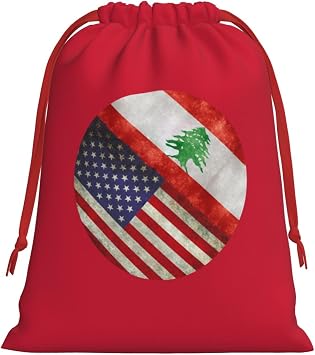 AHUNARLOP Retro America And Lebanon Flag Christmas Gift Bags, Santa Wrapping Bags, Xmas Presents Bag With Drawstring, Holiday Party Favors Birthday & Christmas Gift Large Medium Small