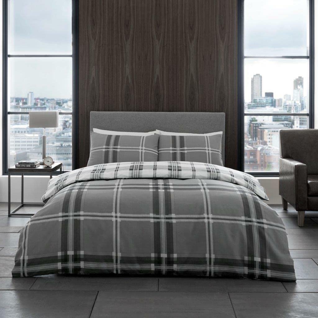Fairwayuk Bardsley Check - Grey Bardsley Check Grey Duvet Cover Set Double, Quilt Bedding With Pillowcase, Ultra Soft, Easy Care