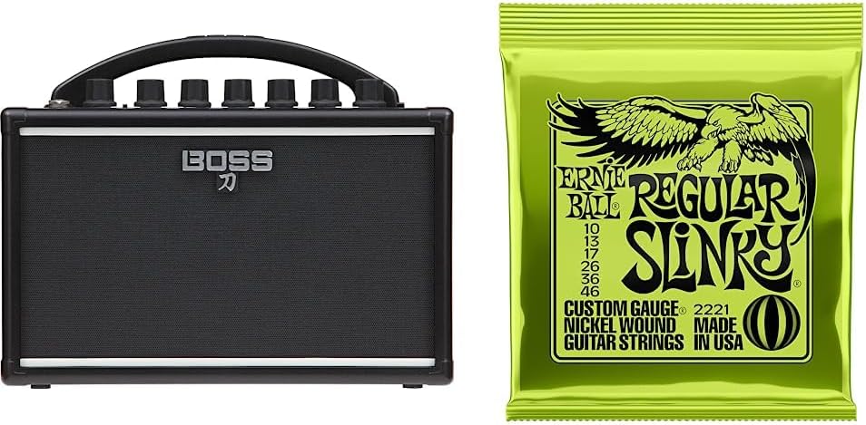 Boss Katana Mini - 7-Watt Combo Amp & Ernie Ball Regular Slinky Nickel Wound Electric Guitar Strings - 10-46 Gauge