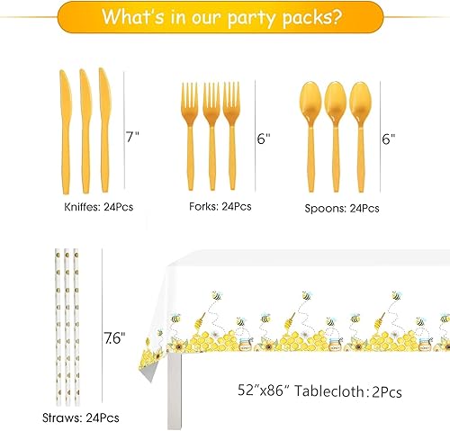 Miniatura 3 de Vajilla de abeja – Suministros para fiestas temáticas de abejorros que incluyen platos, vasos, servilletas, cubiertos, mantel, pajitas, decoración