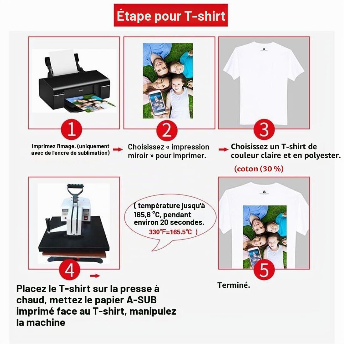 A-SUB Papier de sublimation A4, 210x297 mm, 500 feuilles, 125 g/m², compatible avec les imprimantes à sublimation EPSON, SAWGRASS, RICOH, Brother