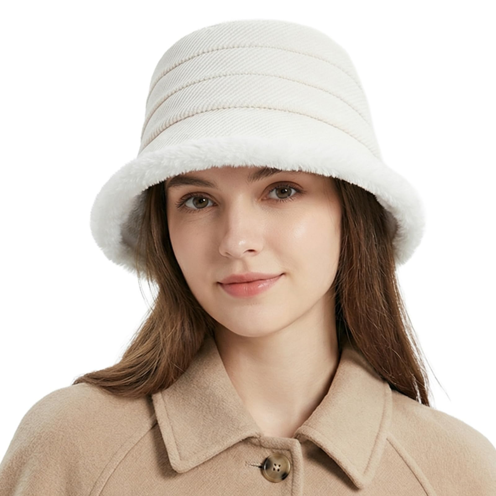 HIQIU Warme Fischerhut Damen Winter Vintage Glockenhut Damen Faltbare Winter-Fleece-gefütterte Wintermütze Bucket Hut für Outdoor Wandern Reisen