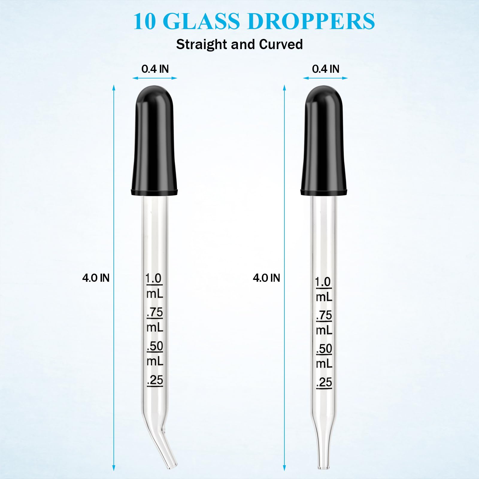Herain Paquete de 10 goteros de vidrio para medicamentos para oídos y ojos, puntas rectas y dobladas, pipetas de 1 ml para aceites esenciales, medicina, laboratorio, cuidado de la salud, manualidades,
