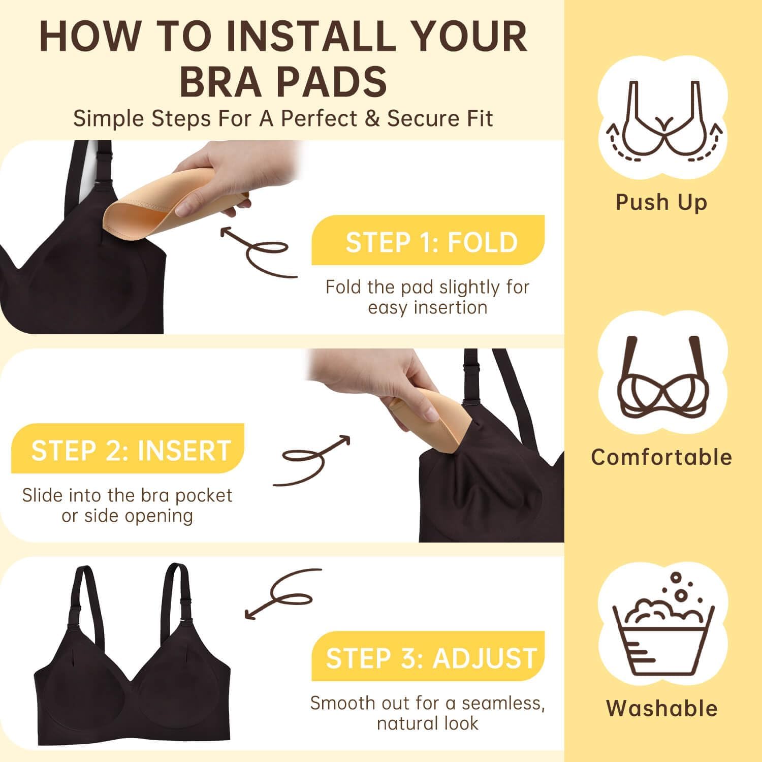 Adamotto Bra Pads Inserts 4 Pairs, Removable Sewn Edges Padded Bra Cups Inserts, Breast Padding for Sports Bras Swimsuits