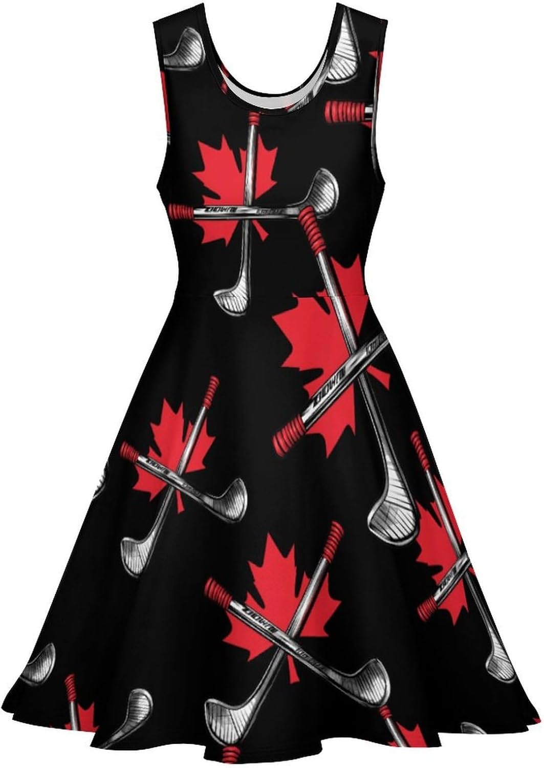 Canada Ice Hockey Maple Women's Dresses Round Neck Dress Sleeveless Tank Dress Ruffle Hem Sundress