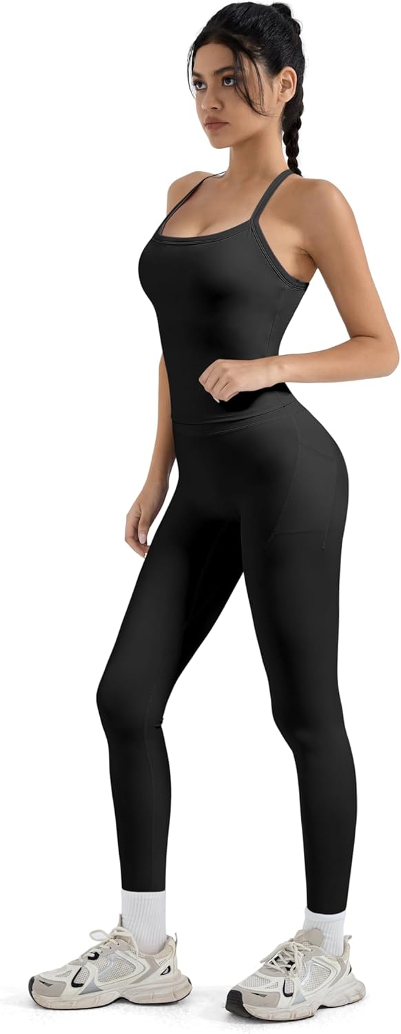 SUUKSESS Women 2 Piece Workout Sets Compression Tummy Control Leggings with Pockets Halter Built in Bra Tank Tops - Image 5