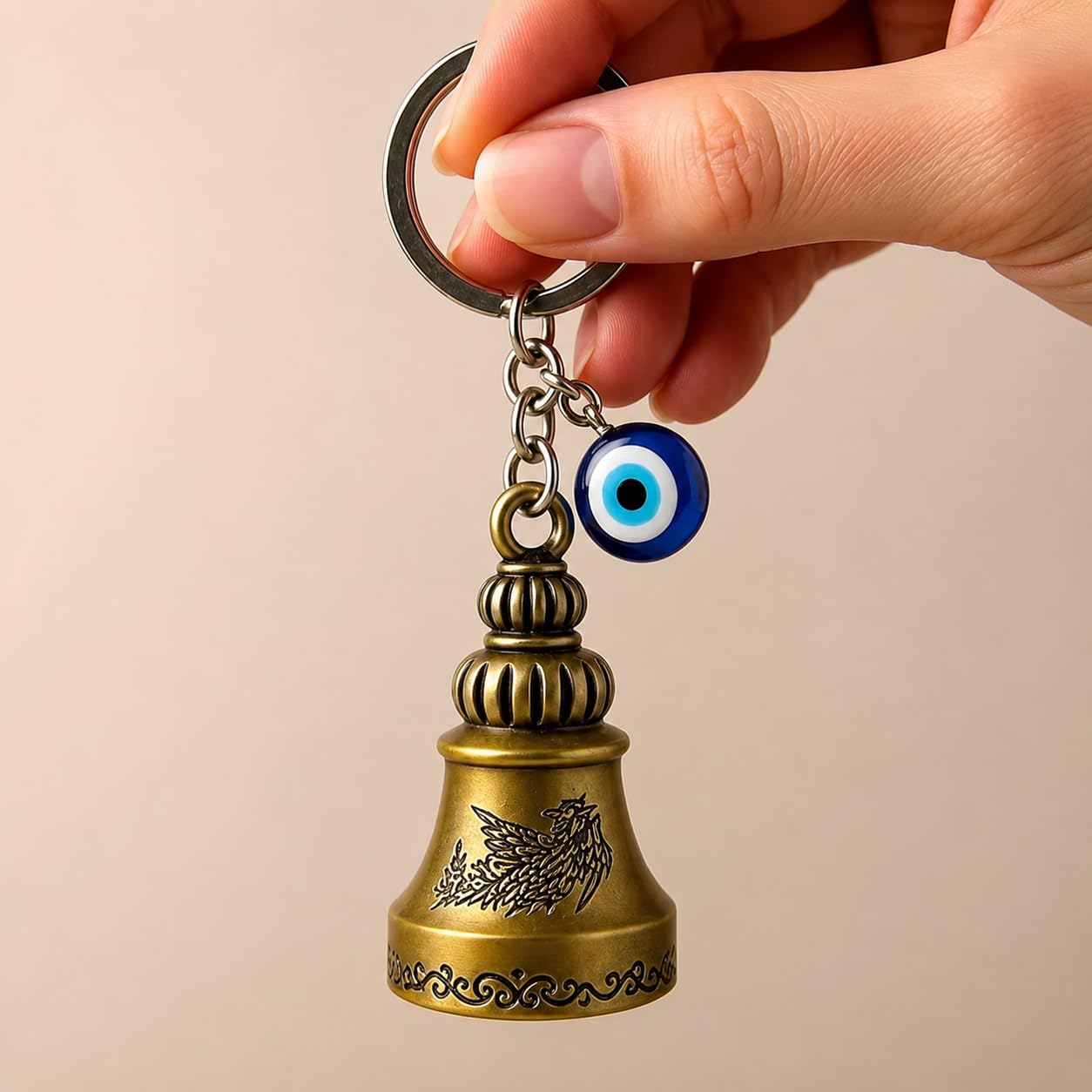 CADONO KASHTHABHANJAN PHARMA® Premium Guardian Bell Keychain for Bike & Car | Tibetan Texture Bell Keychain with Evil Eye & Silver Hook | Good Luck Charm with Laser-Engraved Wooden Gift Box-picture-50