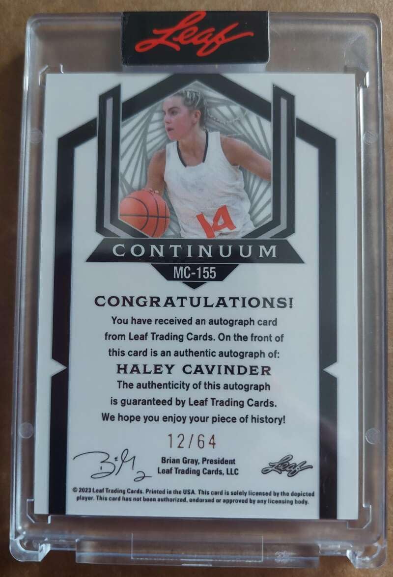 HALEY CAVINDER RC AUTO 2023 Leaf Continuum 12/64 Autograph ROOKIE #155 TCU Miami WNBA MT-MT+ WNCAA Basketball