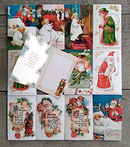 Image of PIXILUV SANTA'S CHRISTMAS SALUTATIONS (Pack of 12) Notecards Small Greeting Cards # Pairs of Santas and Christmas Yuletide Greetings ~ Vintage Christmas Postcards Reprint