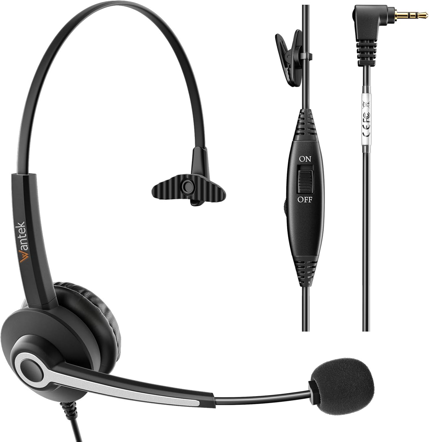 Wantek Mono 2.5mm Telephone Headset with Noise Canceling Mic, Volume Control & Ultra Comfort – Single Ear Design for Panasonic, Cisco, Gigaset, Vtech, AT&T & More Cordless Landline Office Phones