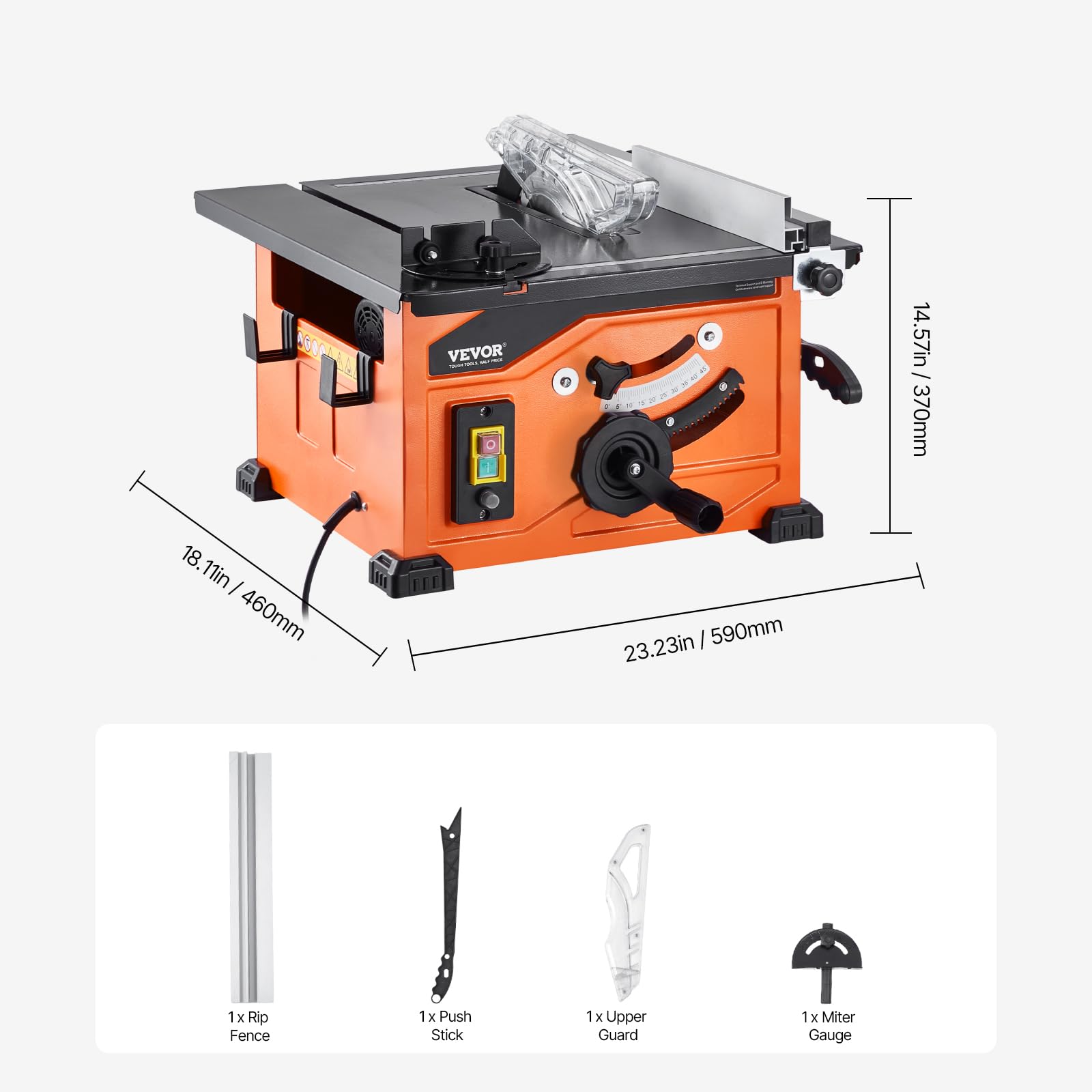 VEVOR 1200 W Sierra de Mesa Portátil de 59 x 46 x 37 cm con Hoja de Sierra de 24 Dientes, Capacidad Máxima de Corte de 225 mm, Velocidad de Corte de 4800 RPM para Carpintería y Fabricación de Muebles