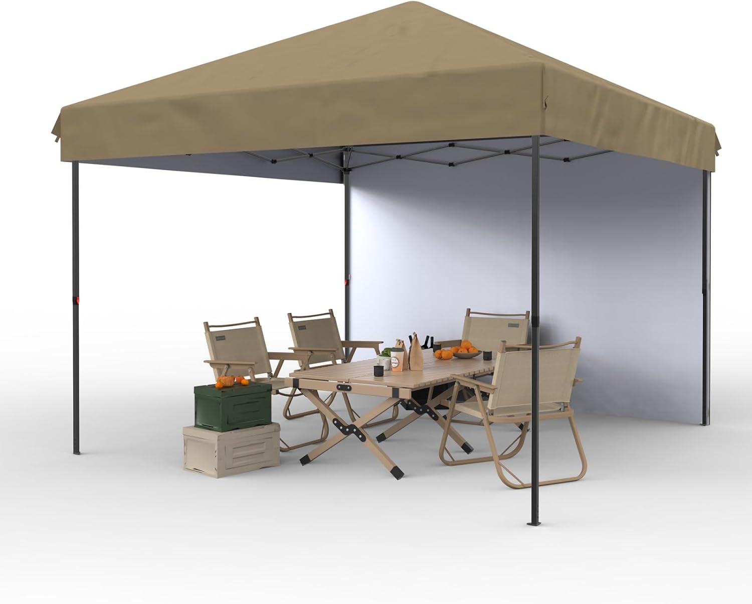 10x10 Pop Up Canopy with One Sidewalls - Easy UP Outdoor Canopy Tent with Portable Roller Bag - One Button Push Setup, 3 Adjustable Height, 4 Weight Bags, 8 Stakes & 4 Guy Ropes Included, Khaki Khaki 1 Walls