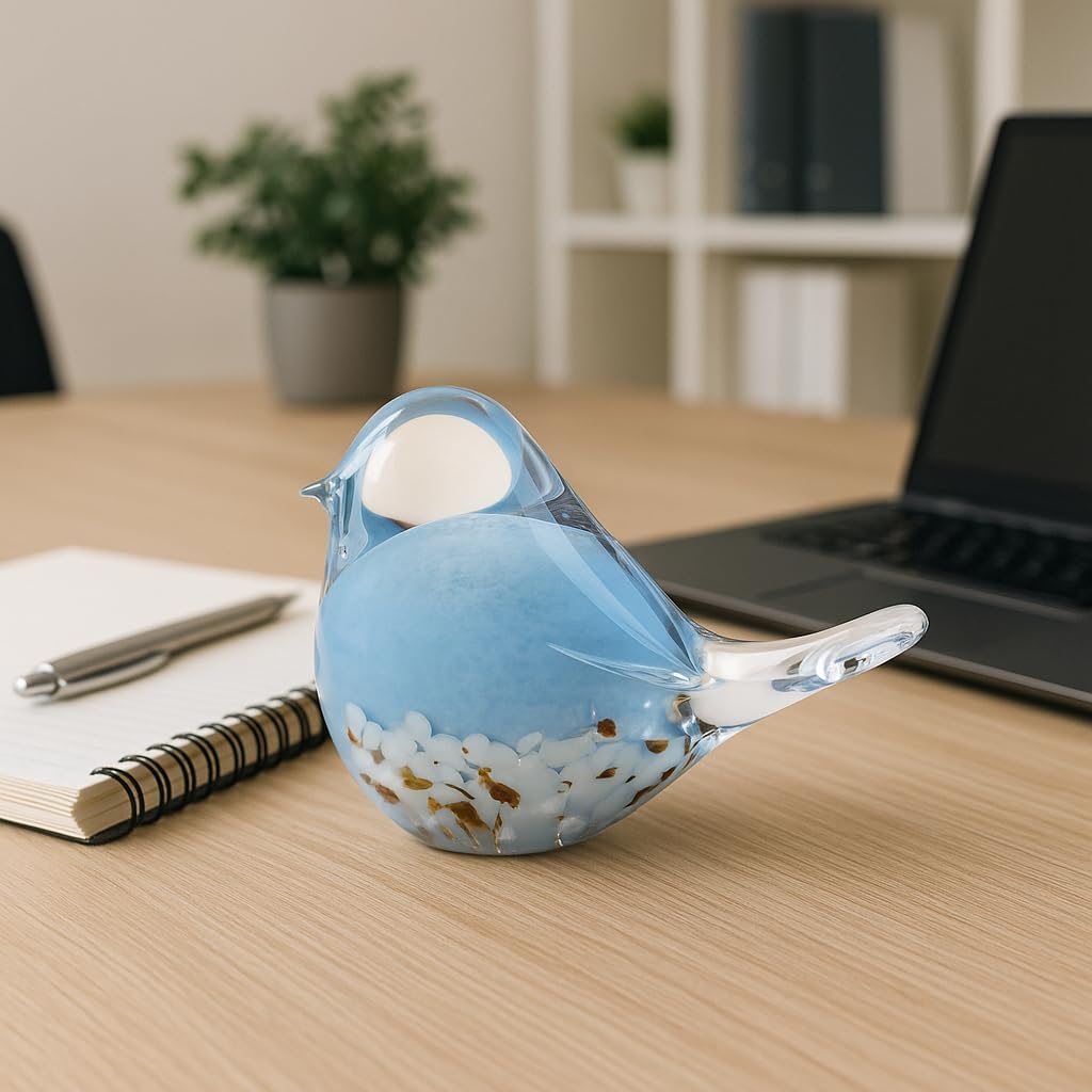 WUBIANJIE Hand Blown Glass Bird Statue Collectible Animal Art Paperweight, Living Room Bedroom Bookshelf Coffee Table Small Ornaments Shelf Home Decoration (Blue)