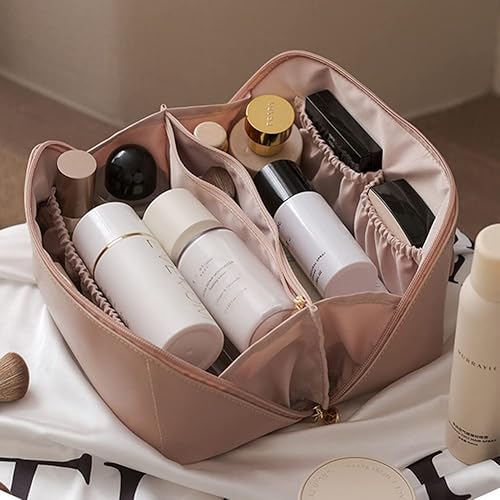 Miniatura 3 de Bolsa de cosméticos de viaje de gran capacidad bolsa de maquillaje plana grande para mujer bolsa portátil impermeable de piel sintética con asa y