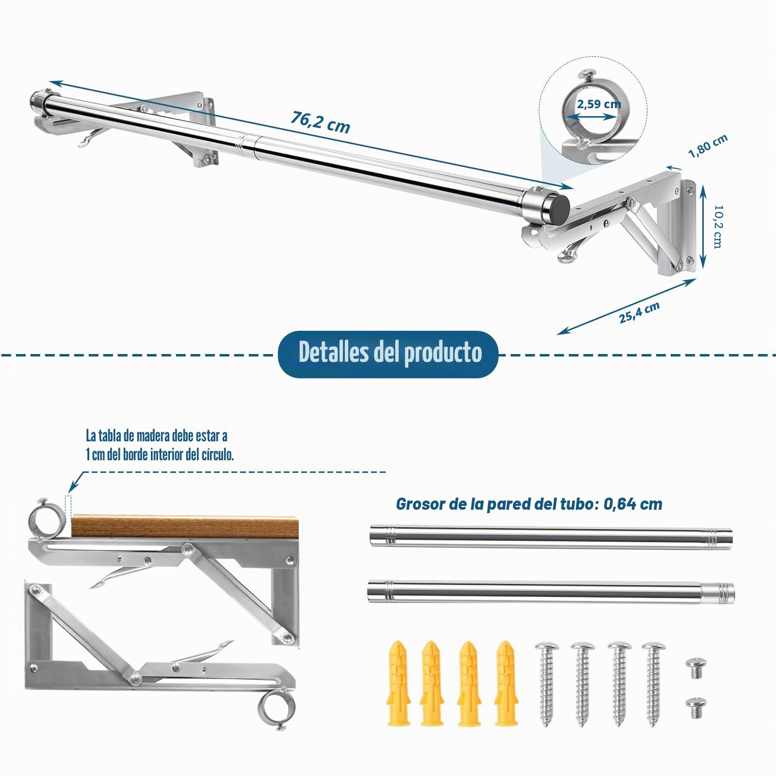 TBMLC Perchero plegable montado en la pared, barra de 76 cm de largo y 2 bases gruesas, acero inoxidable, multiusos para ahorrar espacio, tendedero de ropa, perchero desmontable y superior reservado