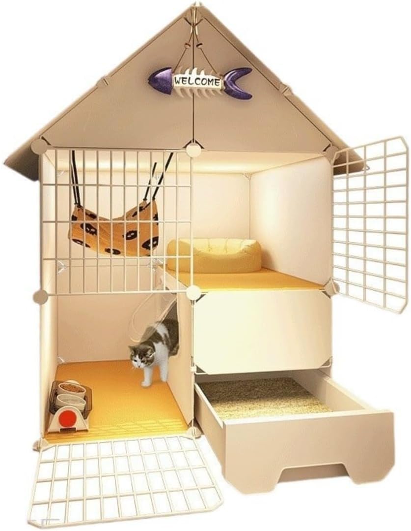 pinagu 猫ケージ、猫 トイレ付き、屋内猫囲い、トイレ付き猫、三角屋根