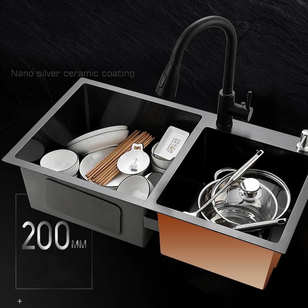 Fregadero de cocina, fregadero de acero inoxidable, fregadero para baño, fregadero disponible en juego de fregadero de tamaño personalizado (negro, ranura individual: 30 x 50 x 20 cm)