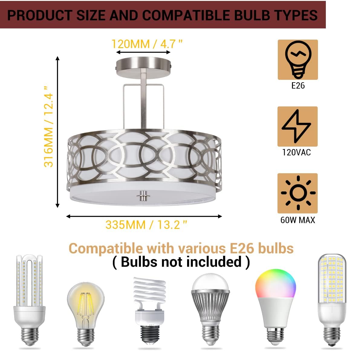 3 Light Semi Flush Mount Ceiling Light, 13 Inch Semi Flush Drum Light, Brushed Nickel Flush Mount Ceiling Light, Close to Ceiling Light Fixtures for Bedroom, Kitchen, Hallway (Bulbs Not Include)