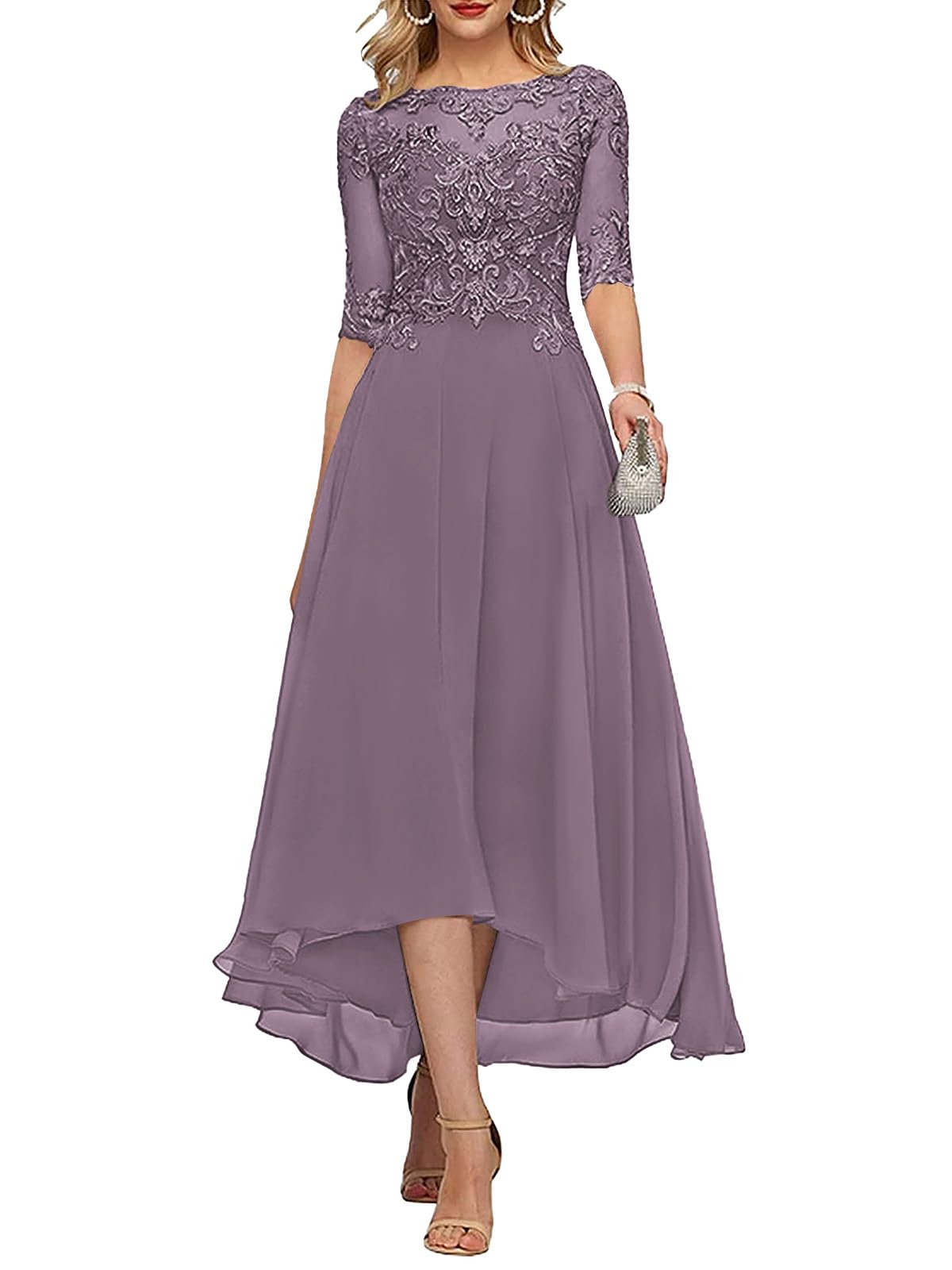 HANVAIOS Mother of The Bride Dress Tea Length Lace Appliqued Long Chiffon Formal Dresses for Women