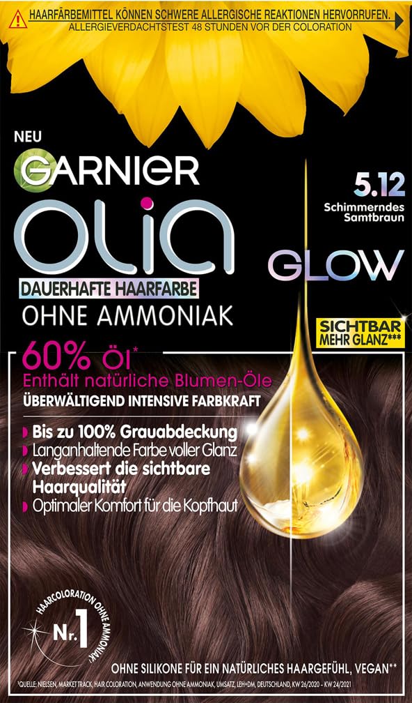 Garnier Dauerhafte Haarfarbe ohne Ammoniak mit pflegenden, natürlichen Ölen, Vollständige Grauhaarabdeckung, Olia Permanente Coloration, 5.12 Schimmerndes Samtbraun, 1 Stück
