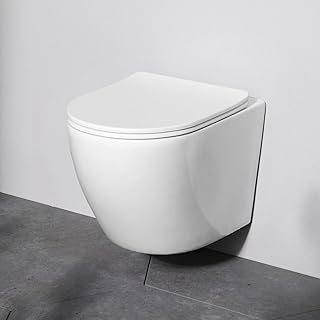 AM.PM Like - WC Suspendu Sans Bride, Sans Rebord, Cuvette WC Suspendu, Abattant WC avec Amovible Softclose, Fixation Invisible, Toilette Suspendu Mural en Céramique, Blanc, 48,5 cm de long