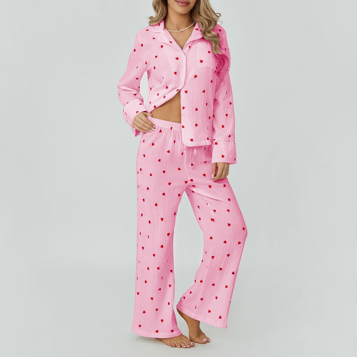 Seyurigaoka Womens Valentines Pajama Sets Cotton Pj Set Cute Heart Print Long Sleeve Button Shirt+Pants 2 Pieces Loungewear - Image 3