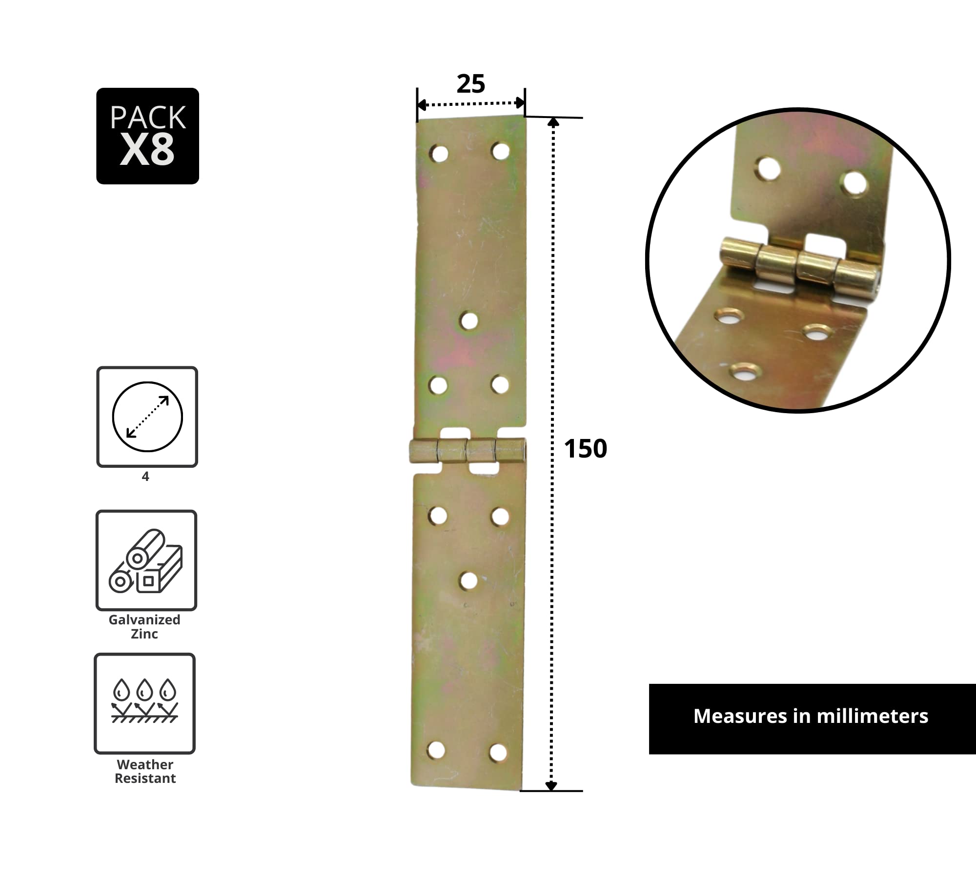 DOJA Barcelona | Cerniera per Casse | 8 Cerniere a Libro | 150 x 25 x 1,5 mm | Zinco Galvanizzato Giallo | Cerniere per Cofanetti, Bauli Contenitori, Ante Mobili, Porte