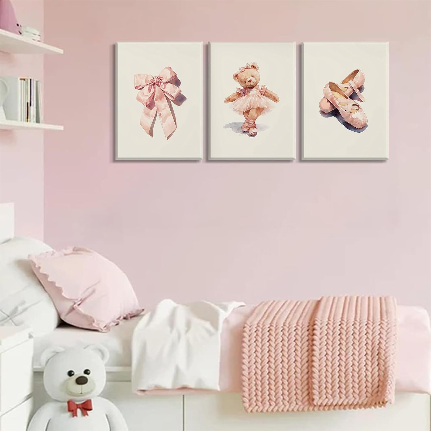 3Pcs Teddy Bear Themed Children's Room Wall Art Cute Teddy Bear Dancing Bow Ballet Shoes Neutral Tone Canvas Poster Suitable for Children's Rooms Nursery Rooms Kindergarten Home Decor 16x24in