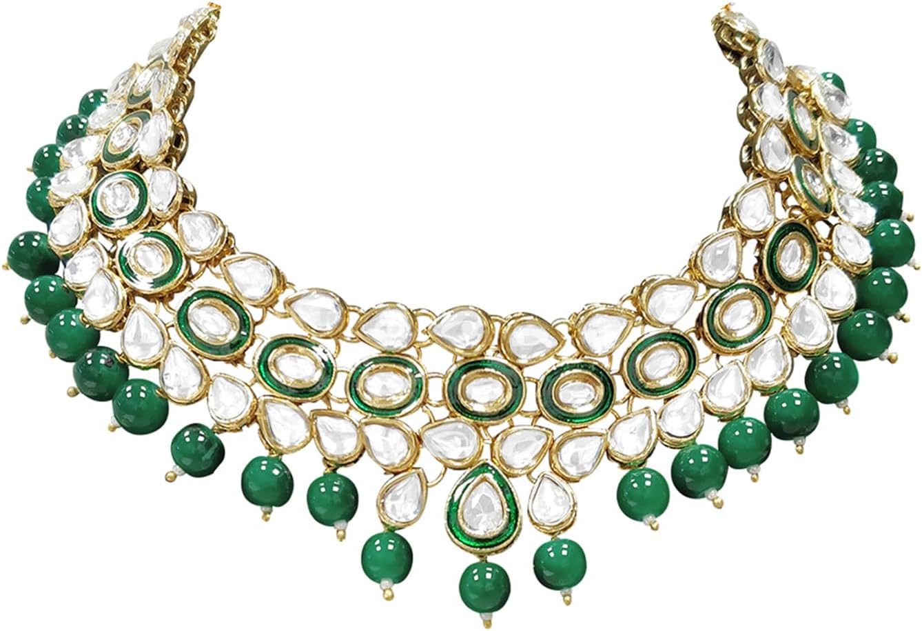 Aheli Ethnic Wedding Faux Kundan Drop Beads Necklace Earrings Set Indian Traditional Bollywood Bharatanatyam jewellery set Gift for Women