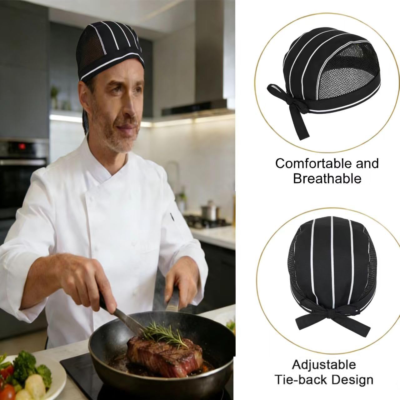 Professional Chef Hats, 5-Pack Adjustable Kitchen Caps with Mesh Ventilation