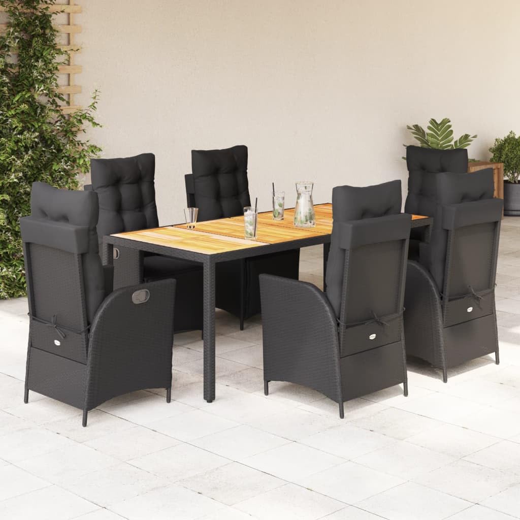 7-częściowy zestaw mebli ogrodowych z czarnego polirattanu, regulowany fotel relaksacyjny z poduszkami, stół z drewna akacjowego 190 x 90 cm, odporny na promieniowanie UV, na taras, balkon