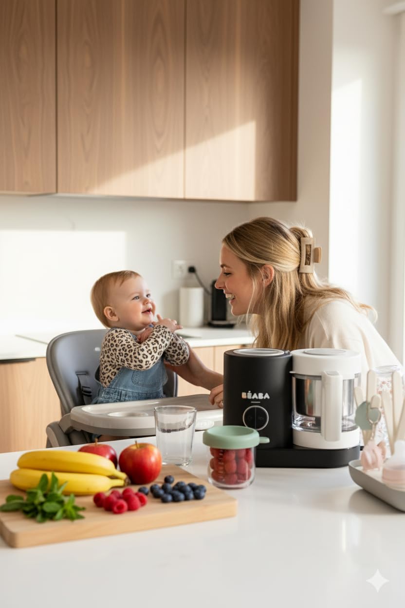 BÉABA Babycook Néo 6-in-1 Babynahrungszubereiter Dampfgarer Mixer Glas-Schüssel Edelstahl-Behälter Schwarz
